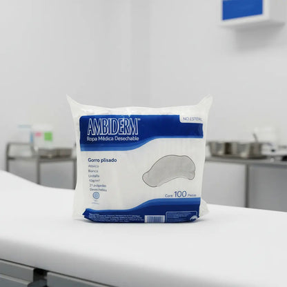 Cofia Plisada Blanca Ambiderm Desechable Caja C/100 Pzs