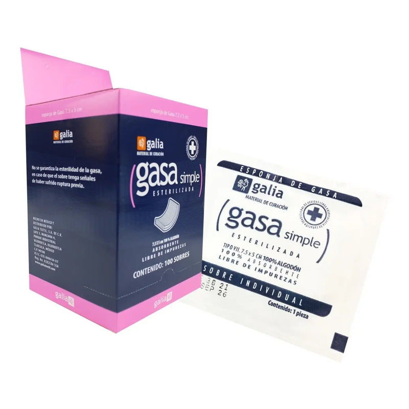 Gasa Esteril 7.5x5 Cm 8 Capas Caja 100 Pz Galia Blanco