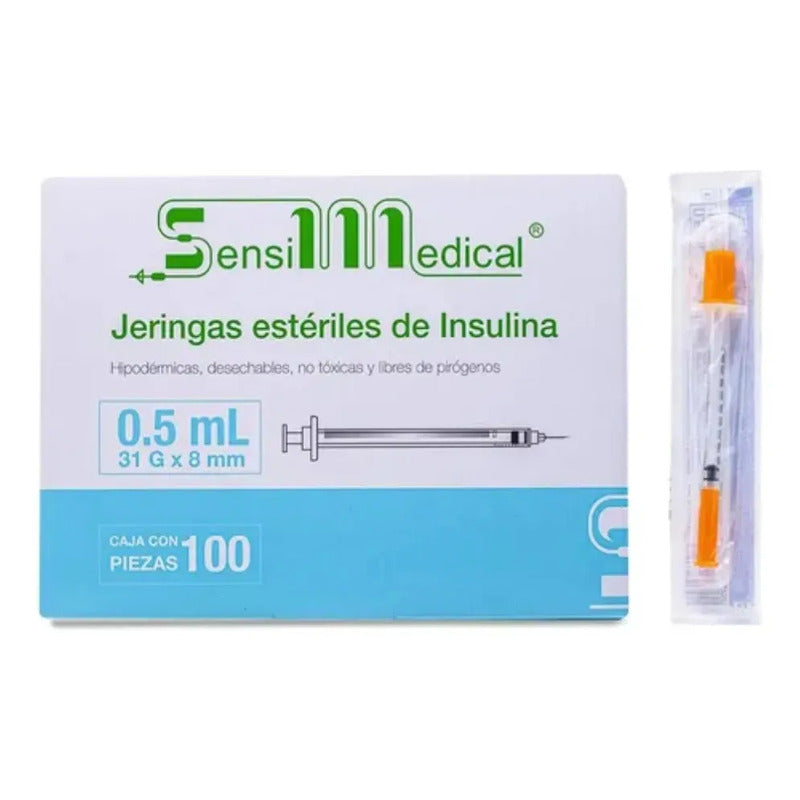 100 Jeringas Para Insulina Sensimedical 31g X 8mm 0.5ml Capacidad En Volumen 0.5 Ml