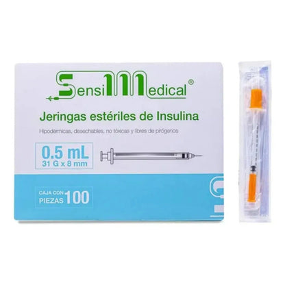 100 Jeringas Para Insulina Sensimedical 31g X 8mm 0.5ml Capacidad En Volumen 0.5 Ml