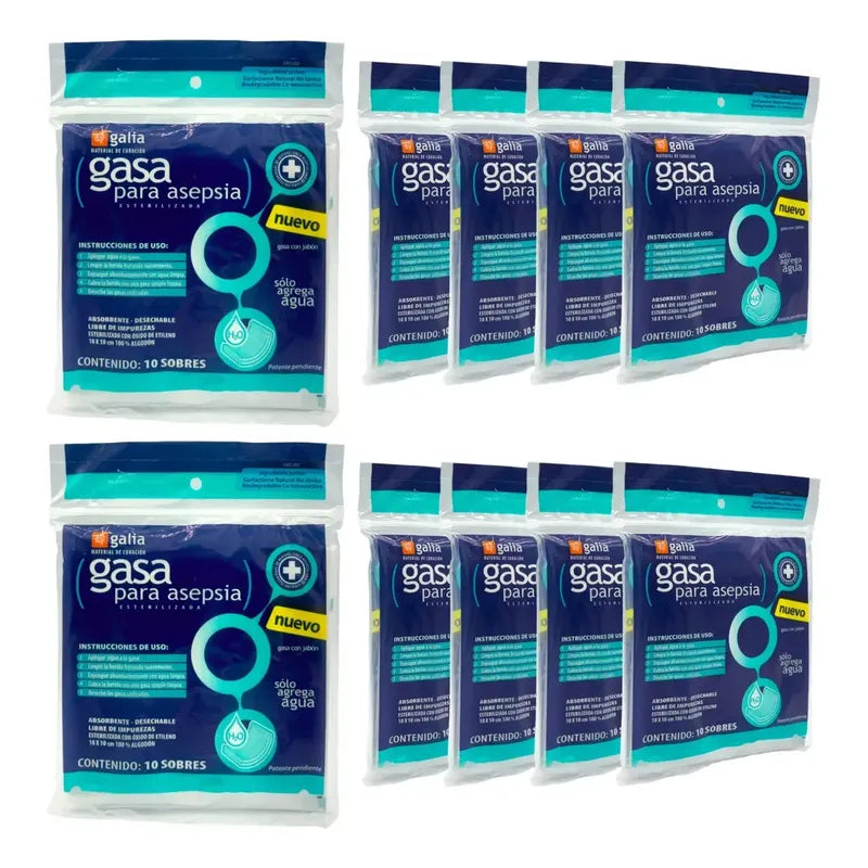 10 Bolsas C/10 Piezas De Gasa Para Asepsia Estéril 10x10cm Blanco
