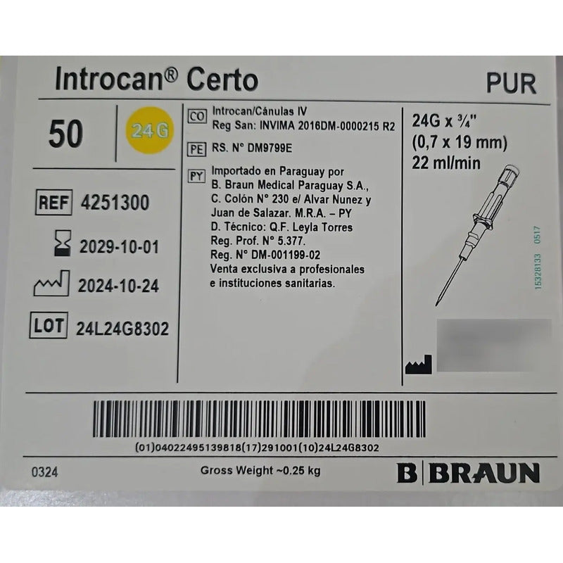 Cateter Intravenoso Introcan Certo  Jelco 24g