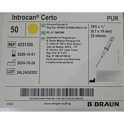 Cateter Intravenoso Introcan Certo  Jelco 24g