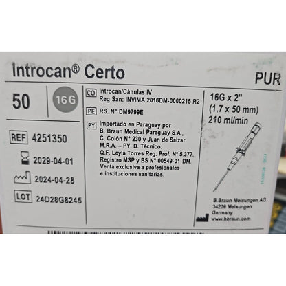 Cateter Intravenoso Introcan Certo  Jelco 16g