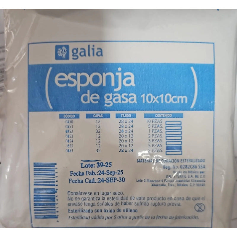 5 Paq. De Gasa Esteril Con Trama 10x10 (5 Gasas X Paquete) Blanco