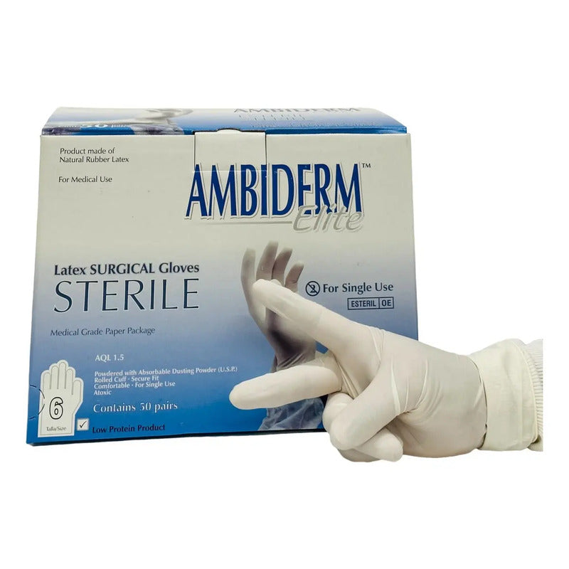 Guantes Descartables Estériles Ambiderm Cirujano Color Natural Talle 6 De Látex Con Polvo X 100 Unidades