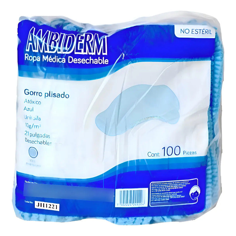 Gorro Plisado Desechable Color Azul Ambiderm C/100 Pz Azul Unitalla