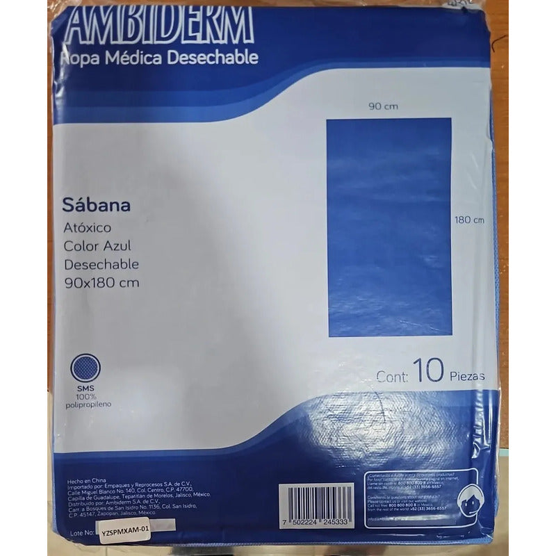 Sábana Plana Sms Ambiderm 90cm X 180cm Bolsa Con 10 Piezas Azul 90x180
