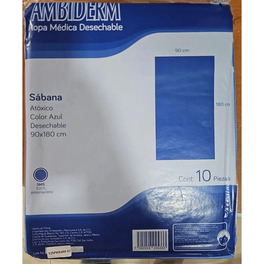 Sábana Plana Sms Ambiderm 90cm X 180cm Bolsa Con 10 Piezas Azul 90x180