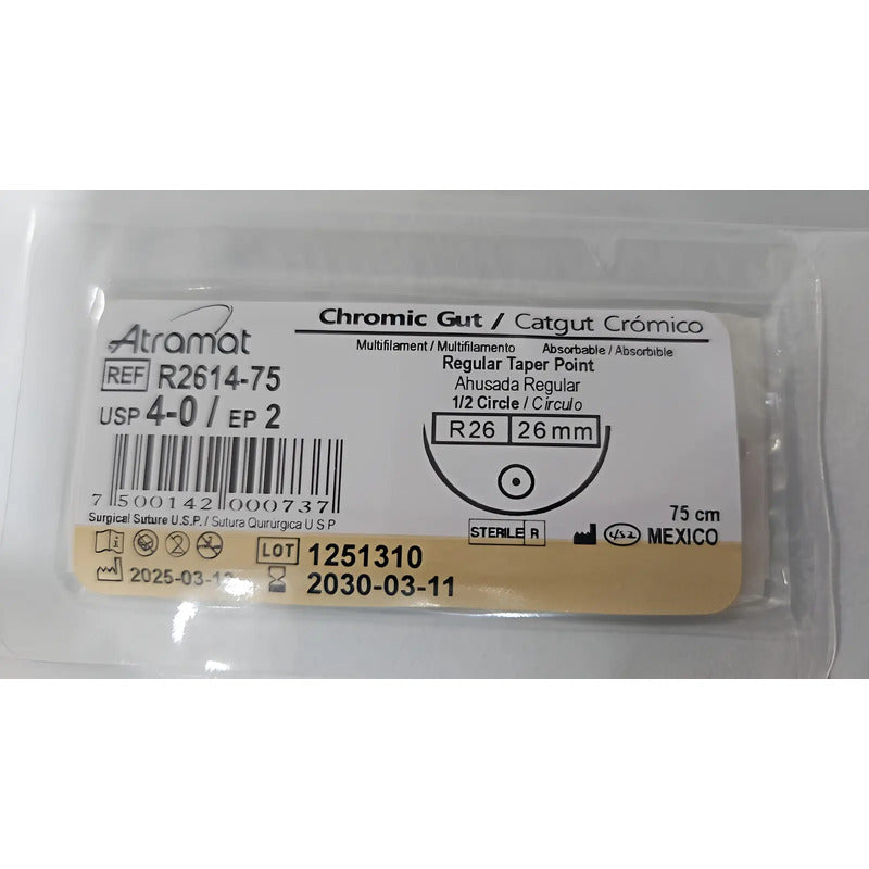 Sutura Atramat Catgut Cromico Tamaños A Elegir Beige 4-0 Redondo 26mm