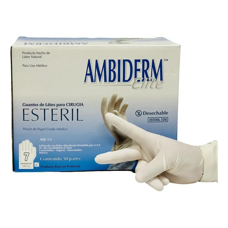 Guantes Descartables Estériles Ambiderm Cirujano Color Natural Talle 7 De Látex Con Polvo X 100 Unidades