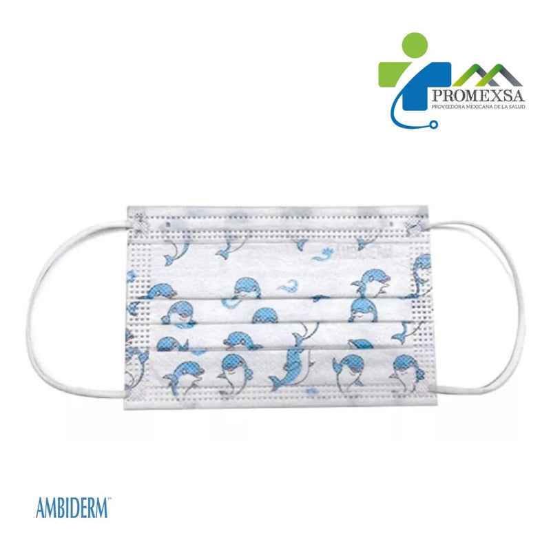 Cubrebocas Infantil Para Niños Ambiderm 50 Piezas Color Blanco Con Delfines