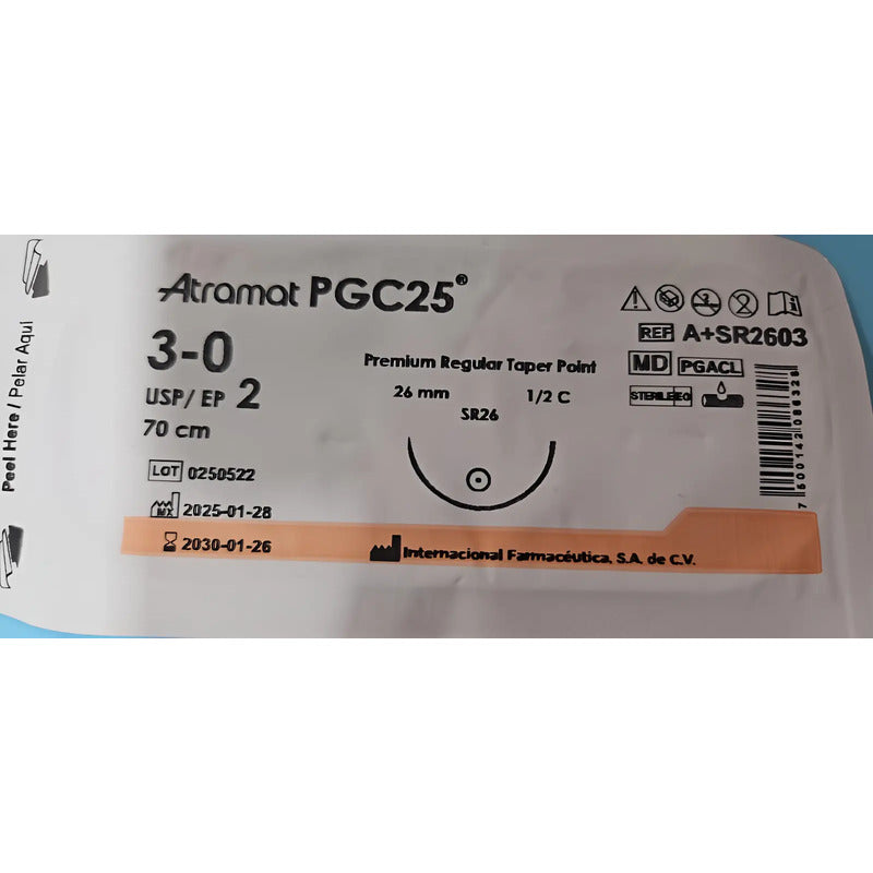 Sutura Atramat Pgc25 Tipo Monocryl Tamaños A Elegir Naranja 3-0 Redondo 26mm