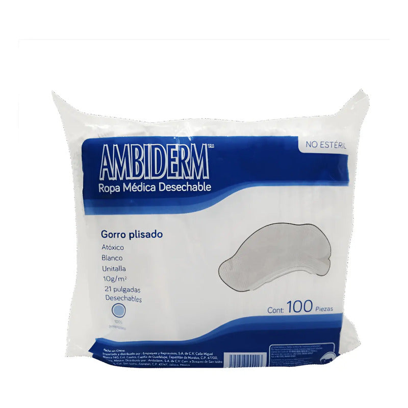 Cofia Plisada Blanca Ambiderm Desechable Caja C/100 Pzs