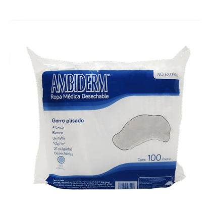 Cofia Plisada Blanca Ambiderm Desechable Caja C/100 Pzs