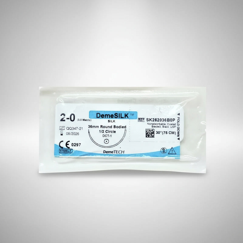 Caja C/12 Sutura Seda 2-0 Redonda 26mm Demetech Blanco