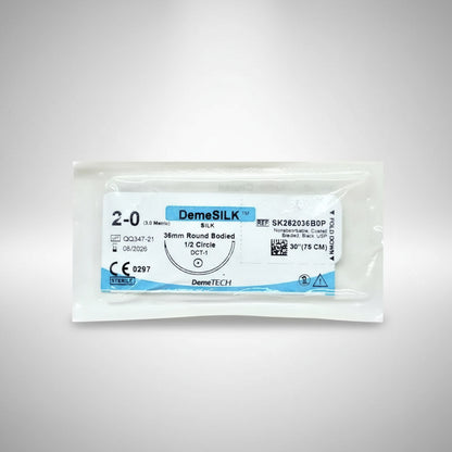 Caja C/12 Sutura Seda 2-0 Redonda 26mm Demetech Blanco