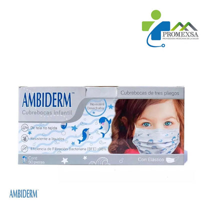 Cubrebocas Infantil Para Niños Ambiderm 50 Piezas Blanco Blanco Con Delfines