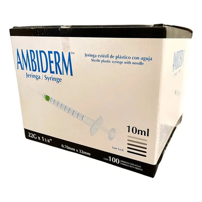 Jeringa Desechable Ambiderm 10ml C/aguja 22gx32mm Negra 100u Capacidad En Volumen 10 Ml