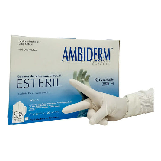 Guantes Látex Estéril Ambiderm Cirujano #8.5 Caja C/50 Pares Natural 8.5