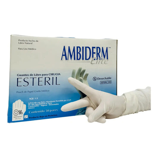 Guantes Látex Estéril Ambiderm Cirujano #8.5 Caja C/50 Pares Color Natural Talla 8.5