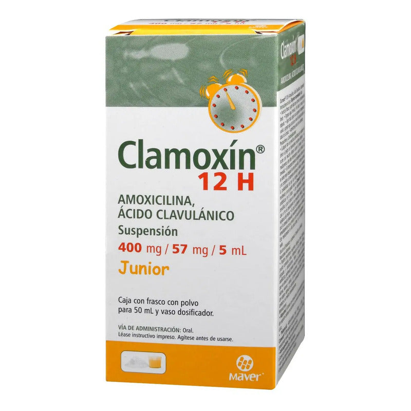Clamoxin 12h Suspensión 400 Mg/57 Mg/5 Ml, 1 Frasco 50 Ml + Vaso Dosificador