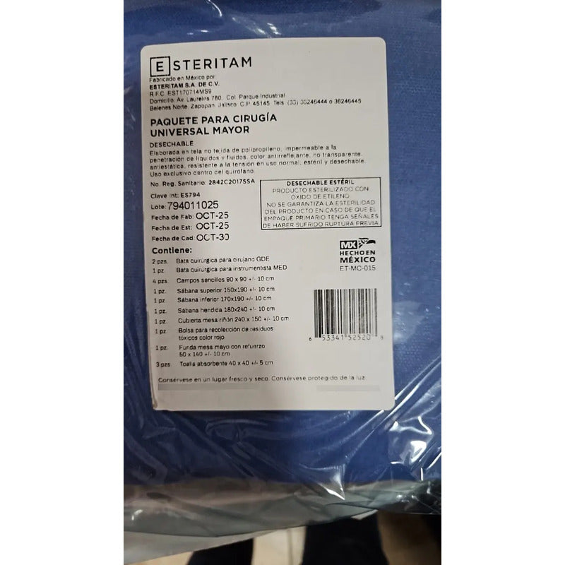Paquete De Cirugia Mayor Para Cirugias En General Azul Lisa Universal