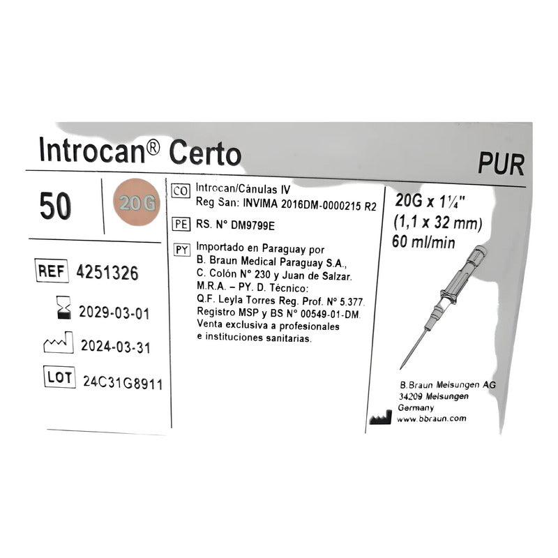 Cateter Intravenoso Introcan Certo  Jelco 20g