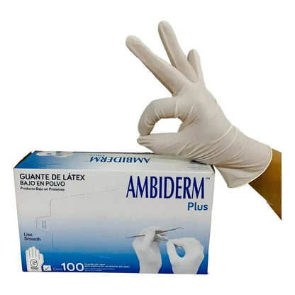 Guante De Latex Plus Ambiderm No Estéril Con 100 Pzas Color Blanco Talla Grande G