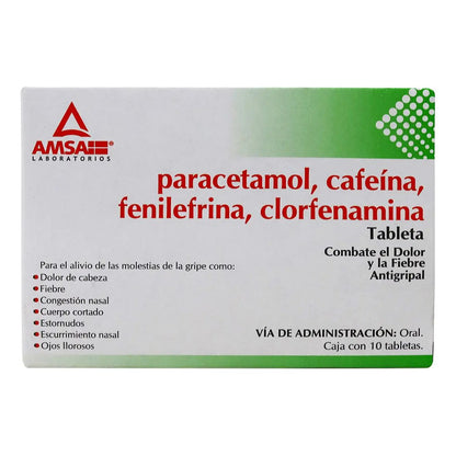 Paracetamol/cafeína/fenilefrina/clorfenamina (amsa) C/10 Tabs. 500/25/5/4 Mg.