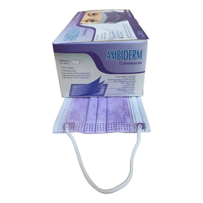 1 Caja Con 50 Pzas Cubre Bocas Tripliegue Ambiderm Violeta Violeta No Tejida